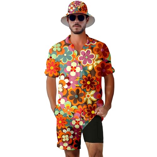 Men's 2 Piece Tracksuit 80s 90s Outfit Button Down 80s Shirts and Shorts Sets with Bucket Hats