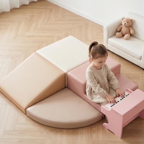 Image of Sumbababy Climbing Foam Blocks for Toddlers: Waterproof Pu Leather Soft Climber - 4 Pcs Toddler Indoor Climbing Toys - Kids Outdoor Playground Playset Best Gift Preschool Daycare Supplies(Pink /Beige)