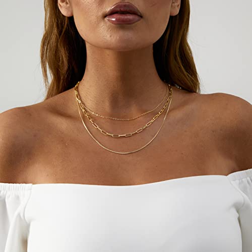 Viromy Dainty Gold Layering Necklace Set For Women 14K Gold Plated Simple Triple Three Layered Box Paper Clip Chain Necklaces Everyday Multi Strand Dainty Jewelry Gift #TOP1