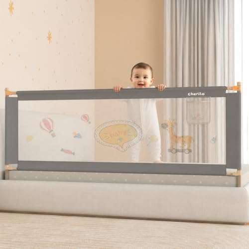 Image of Cherilo Baby Bed Protector Side Walls | (6.5ft / 200cm), 1 Side | Foldable & Height Adjustable Bed Railing for Baby Safety | Breathable Mesh, Kids-Friendly Prints | Grey (Pack of 1)