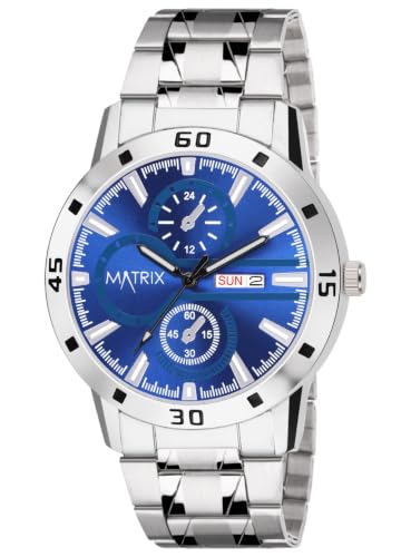 Image of Matrix Superior Analog Watch for Men | Black, Blue, Green & White Dial Stainless Steel Chain Strap Watch | Day & Date Display | Quartz Movement | Stylish Casual & Formal Wrist Watch for Boys & Men
