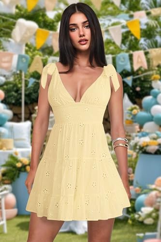 Image of Summer Dress for Women 2026 Floral Eyelet Mini Dress Sleeveless V Neck Tie Shouder Flowy A Line Cute Short Sundress