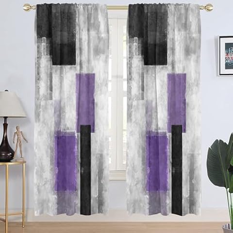AAtter Purple Grey and Black Window Curtain Abstract Gray White Lavender Geometric Lilac Violet Silver Living Room Bedroom Window Drapes Treatment Fabric 1 Pair Home Decor, 42" W x 84" L, Modern Cover