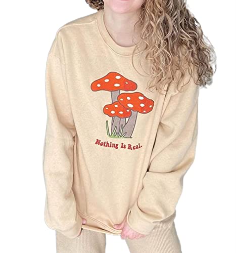 Y2k Portrait Printing Crewneck Pullovers Sweatshirt for Women Oversized Graphic Hoodies Goth Aesthetic Streetwear(Mushroom Beige,S)