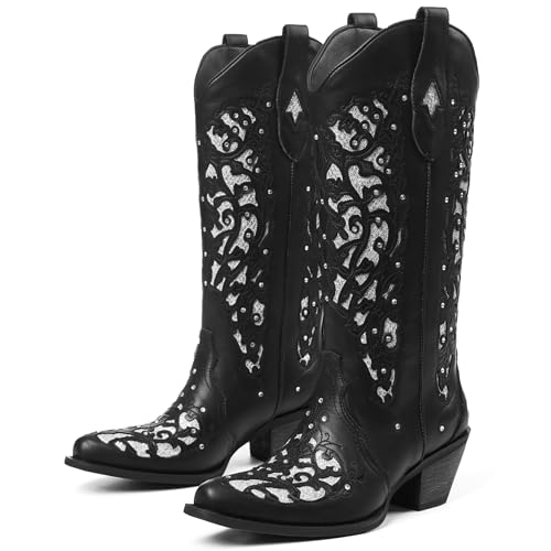 SaraIris Black Cowgirl Boots for Women Cowboy Boots Western Boots Chunky Heel Pointed Toe Pull On Rhinestones Knee High Boots 5