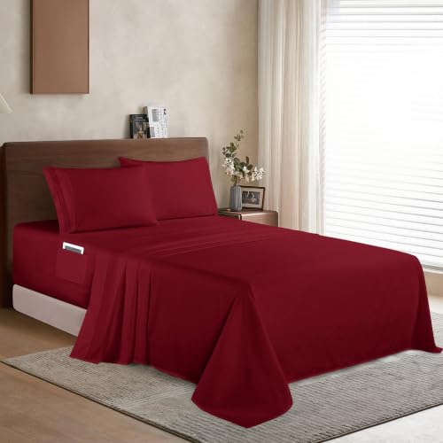 Image of Elegant Comfort Luxury 1500 Premium Hotel Quality Microfiber 4-Piece Sheet Set - Soft, All Around Elastic 18-24 Inches Deep Fitted Sheet - Extra Deep Pocket Sheets, Twin /Twin XL, Burgundy