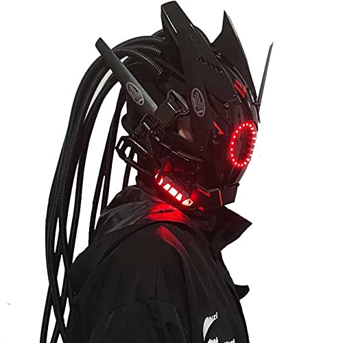 Masque Punk Cosplay pour Homme,Masque Futuriste Mécanique Punk Techwear avec Quatre Ailes,Dreadlocks,Lumières Rondes pour Cosplay Halloween Fit Party Festival de Musique Accessoires Cover