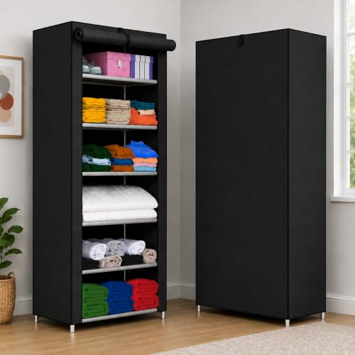 Image of YouCopia Collapsible Wardrobe 6 Shelves Storage Clothes Storage Rack Quick Wardrobe /Cabinet /Multipurpose Storage Rack, Foldable, Collapsible Fabric Organizer for Home Office (Black, 6-Layer)