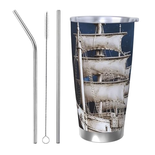 GDSHJKLW Vaso de barco blanco náutico vintage con tapa y popote, 20 onzas, acero inoxidable, a prueba de fugas, taza de café de viaje con aislamiento de doble pared, regalo para mujeres, oficina en