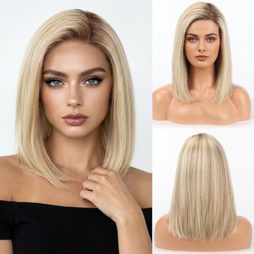 Image of Ombre Mixed Blonde Wig Human Hair Pre Plucked Straight Short Bob Wigs 5x6 UHD Lace Front Wigs Remy Real Human Hair for Women 14Inch