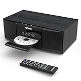 Vintage Bluetooth Stereo System for Home, THINKYA 36W RMS Micro HiFi Systems CD Player Dual 3” Bass with Bluetooth Audio Streaming, FM Radio, USB Port, Aux-in, Earphone Port, Remote Control Black