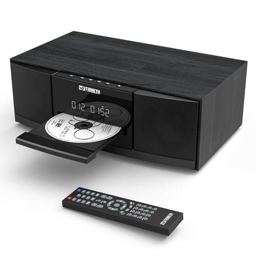 Vintage Bluetooth Stereo System for Home, THINKYA 36W RMS Micro HiFi Systems CD Player Dual 3” Bass with Bluetooth Audio Streaming, FM Radio, USB Port, Aux-in, Earphone Port, Remote Control Black