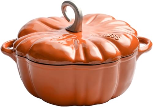 Pumpkin Cast Iron Enamel Stew, 3.5 Qt Pumpkin Cast Iron Dutch Oven Non Stick Pumpkin Pot Casserole with Lid and Handles, Nederlands Cookware Cooking PotOrange,3.7L