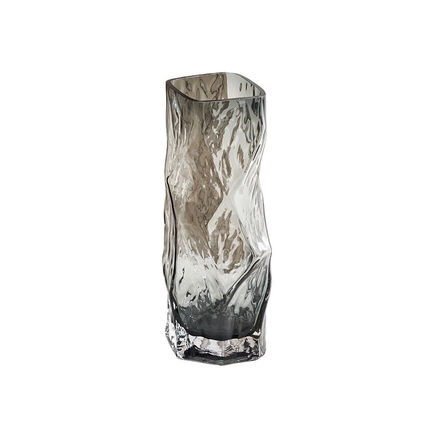 Decoración Jarrón de Cristal Gris con Efecto Ondulado soplado a Mano, Recipiente Decorativo Textura Alta for decoración del hogar Flores
