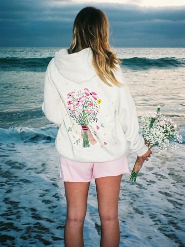 YILEEGOO Y2k Hoodies for Women Teen Girls Embroidery Graphic Flower Oversized Hooded Sweatshirts Vintage Floral Sweater Pullover Tops (Light Grey, M) - Image 4