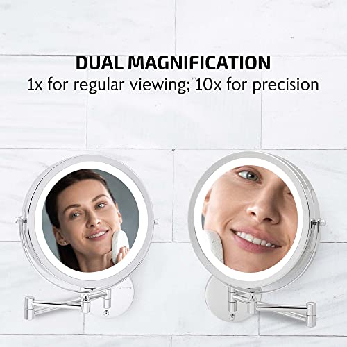 Ovente 8.6" Lighted Wall Mount Makeup Mirror, 1X & 10X Magnifier, Adjustable Double Sided Round Led, Extend, Retractable & Folding Arm, Compact & Cordless, Battery Powered Polished Chrome Mfw85Ch1X10X #TOP1