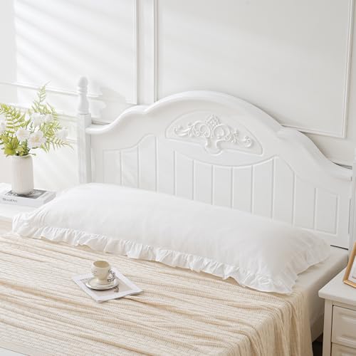 Off White Ruffled Body Pillow Cover 1 Piece Washed Cotton Farmhouse Shabby Long Body Pillow Sham 20"x54" White