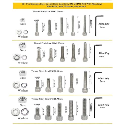 Image of Epi-Torque Metric M6 M8 M10 M12 Stainless Alloy Steel 202 Grade Socket Head Cap Screws Nuts Allen Bolt Washer with Allen Keys Assortment Kit Set with SS Box 851 Pcs Pack