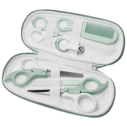 Image of Baby Hair Scissors Kids Hair Cutting and Nail Kit Hair Cutting Manicure Pedicure Set Nail Clipper Nail File Thinning Shears for Newborn Toddler Infant with Leather Storage Bag(Green)