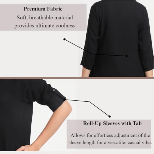 Image of Women's Roll-Up Sleeve Tunic Top, V-Neck with Button Front, Side Pockets, Rayon Short Kurti