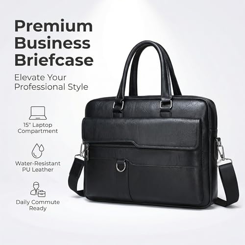 Image of Men's Leather Laptop Bag 15 IN, Water-Resistant Briefcase Messenger Bag for Work, Business, Shoulder Crossbody Office Satchel
