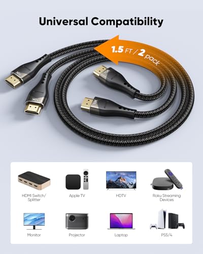 Image of Short HDMI Cable 1.5 FT 2-Pack, 10K 8K HDMI 2.1 Ultra High Speed HDMI Cable 18 inch with Ethernet 48Gbps, 8K@60Hz, 4K@120Hz, HDR10, eARC for Monitor, HDTV, PS5, HDMI Switch, PC