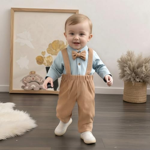 Newborn Baby Boy Fall Outfit Formal Long Sleeve Romper Bow Tie Corduroy Overalls Suspender Pants Set Suit Clothes2