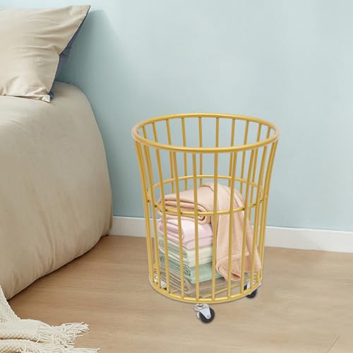 Image of Wire Metal Rolling Laundry Basket on Wheels | Mesh Wire Laundry Basket Storage Cart for Bathroom Bedroom Dirty Clothes Storage,11.8in Base Diameter, 14.2(D)x15.7in(H)