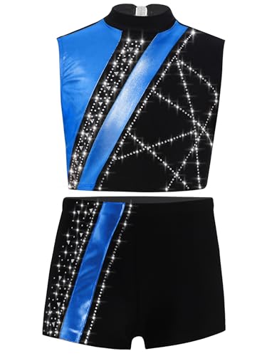 easyforever Girls 2-Piece Gymnastics Wear Shiny Metallic Crop Tank Top with Shorts for Ballet Dance Show Royal Blue 16 Years3