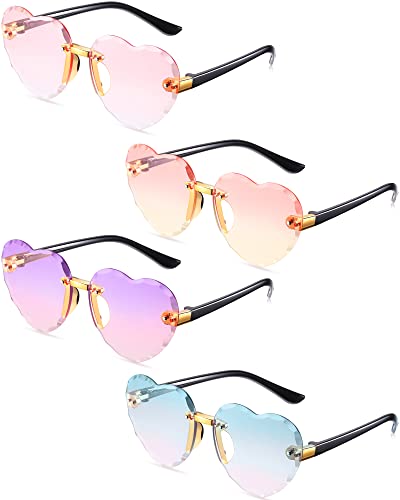 4 Pairs Kids Heart Sunglasses Heart Shaped Sun Glasses for Little Girl Rimless Clear Heart Glasses Trendy Cute Transparent Eyewear for Girls Boys Beach Holiday Festival Party Accessories, 4 Styles