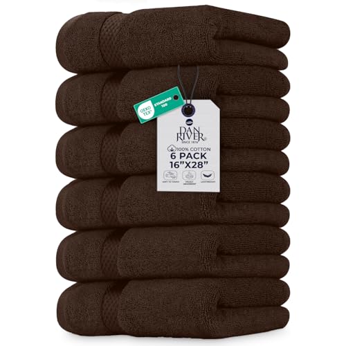 Image of DAN RIVER 6-Pack Premium Hand Towels (16x28 Inches) - 100% Cotton, Ultra Soft, Lightweight, Highly Absorbent Towels for Bathroom, Spa, Gym, Salon, Hotel, and Travel - Brown