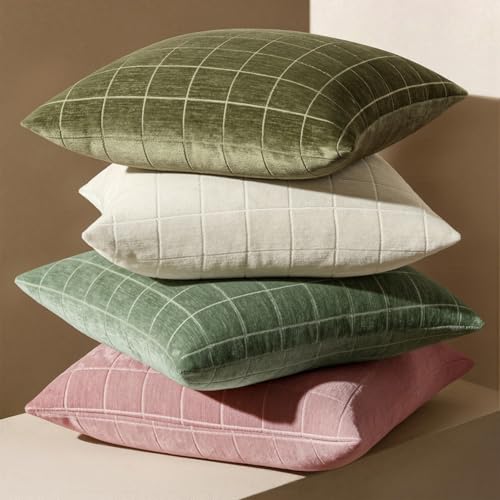 Image of MIULEE Olive Green Plaid Decorative Throw Pillow Covers 18x18 Set of 2 | Vintage Check Chenille Couch Pillows Neutral Boho Farmhouse Cushion Covers Modern Home Decor for Sofa Bed Living Room