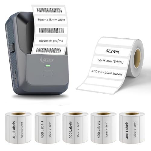 Image of SEZNIK Mini Bluetooth Thermal Label Printer Bundle with 50x15 mm Self-Adhesive Thermal Label Rolls (2000 Labels) | Inkless Portable Printer | Android & iOS Bluetooth Compatible