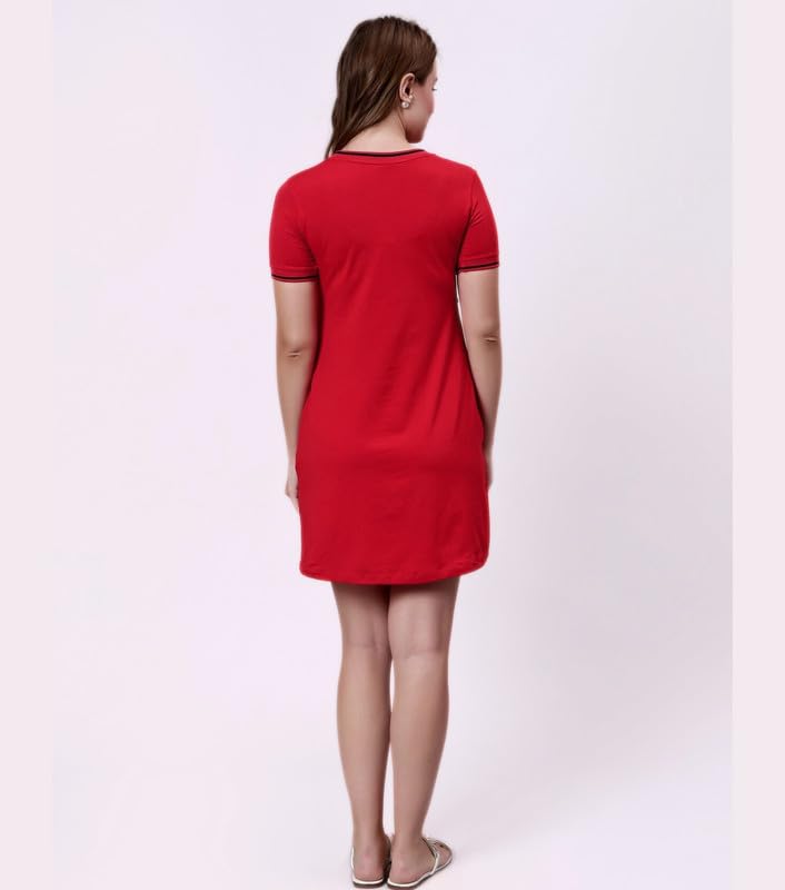 True Shape Maternity Dresses for Women Cotton | Stretchable Zipless Feeding Loungewear Kurta with Side Pockets in Knitted Hosiery for Pre & Post Partum(TSH-010-L, Red) 3