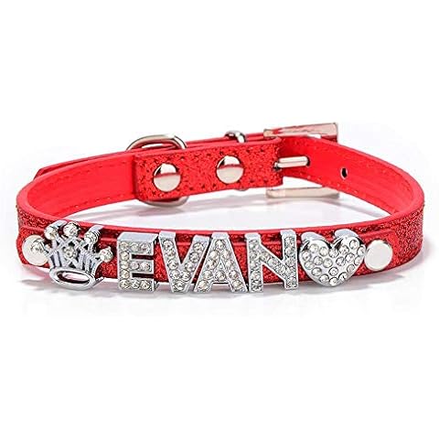 Tlwrnop Personalized Dog Cat Collar DIY Name Puppy Leather Collars Rhinestone Bling Charms Pet Collars Wholesale-Red_collar_only_XS Cover