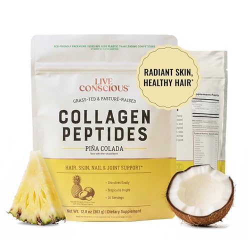 Image of Live Conscious Collagen Peptides Powder - Pina Colada Flavor - Type I & III for Hair, Skin, Nails & Joint Support - Hydrolyzed, Grass-Fed Bovine - Women & Men, 30 Servings - 12.8oz