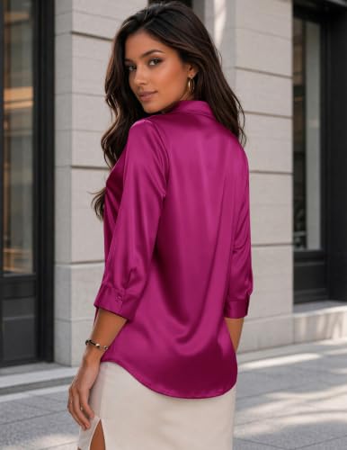 Image of Zeagoo Womens Satin Blouses Button Down Shirts 3 /4 Sleeve Dressy Tops S-2XL