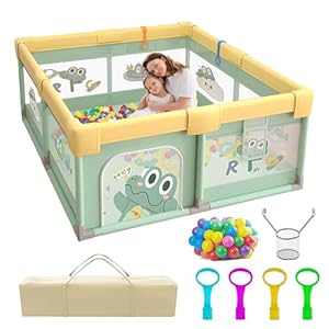 Playpen for Baby and Toddlers, 200 x 180cm Baby Playpen with a Basket, 60 Ocean Balls, 4 Pull Rings Large Playpen Breathable Mesh, Play Pens for Indoor Outdoor with Storage Bag-Crocodile