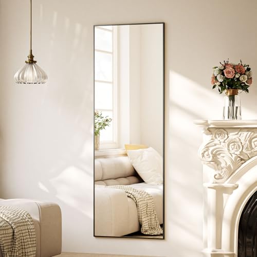 BEAUTYPEAK Ganzkörperspiegel 150x40 cm, Standspiegel und Wandspiegel mit Aluminiumrahmen, Shatterproof Glas für Verzerrungsfreie Reflexion, ideal für Outfit Checks, Schlafzimmern, Fluren Schwarz