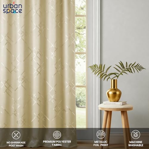 Image of Urban Space 100% True Blackout Curtains for Window, Gold Foil Printed Blackout Curtains, Blackout Decorative Curtain Eyelet with Tieback, 1 Piece Curtain for Living Room(Criss Cross Beige, 5 Feet)