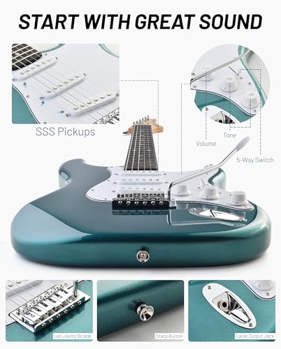 Image of Leo Jaymz Beginner Electric Guitar 39 inch Kit with Portable Amplifier, Padded Gig Bag, Digital Tuner，Capo，Strap，Picks，Classic SSS Pickups(Blue-SSS)