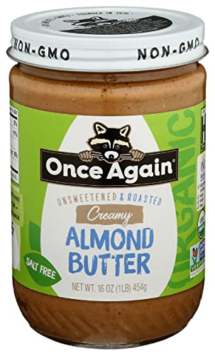 Once Again Organic Creamy Almond Butter, 16oz - Roasted - Salt Free, Unsweetened - USDA Organic, Gluten Free Certified, Peanut Free, Vegan, Kosher, Paleo - Glass Jar… (1 Pack)