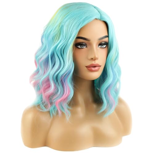 Image of BERON Colorful and Blue Green Short Curly Wave Wig for Women Girls Green Blue Wavy Heat Resistant Synthetic Wig for Cosplay Costume Party or Daily