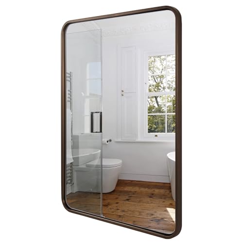 Image of ANDY STAR Bronze Bathroom Mirror 30X40, Large Brushed Bronze Mirror for Wall, Rounded Rectangle Mirror Oil Rubbed Bronze, Bronze Vanity Mirrors in Metal Frame Hangs Horizontal Or Vertical