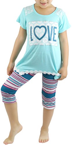 Image of ToBeInStyle Girl's 2 Piece Outfit Top & Leggings Set Casual Graphic Shirt Capri Pants