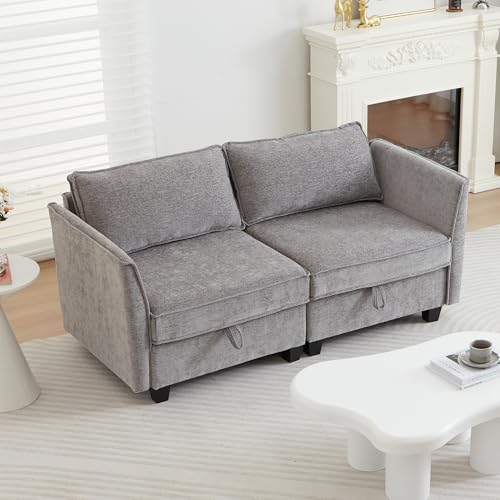 Image of ORRD Small Modular Sectional Sofa, Loveseat Couch with Storage, 2 Seater Sofa Modular for Living Room, Office (Grey)