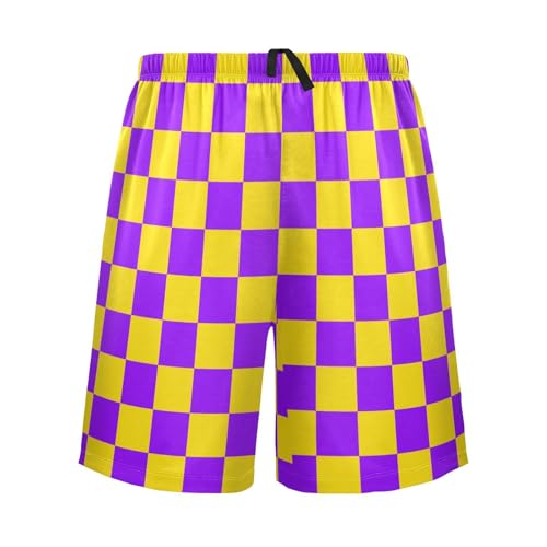 Men's Yellow and Purple Buffalo Checkered Pajama Shorts with Pocket and Drawstring S