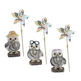 DOITOOL 3セット 可愛らしいフクロウ風車点 ガーデン園用転式風車オーナメント 屋外芝生やパーティー飾りに 耐久性のある樹脂製風見鶏飾り