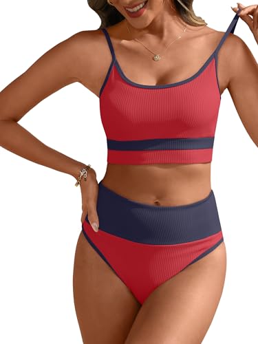 Image of ANRABESS Women's High Waisted Bikini Sets,Color Block 2 Piece Swimsuits,Tummy Control Bathing Suits,Thick Ribbed Beach Wear