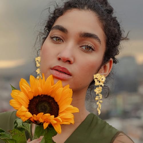 Boho Gold Large Floral Statement Earrings - Fashion Big Flower Earrings for Women4